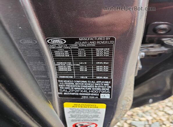 SALZP2FX4LH007955 2020 LAND ROVER LANDROVER Серый 