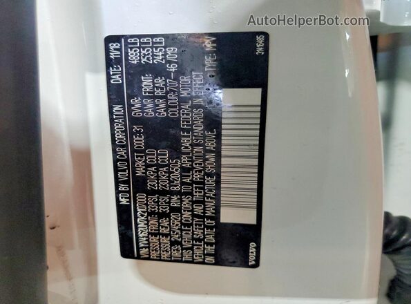 YV4162UM7K2107000 2019 VOLVO XC40 White Vista de la etiqueta del VIN