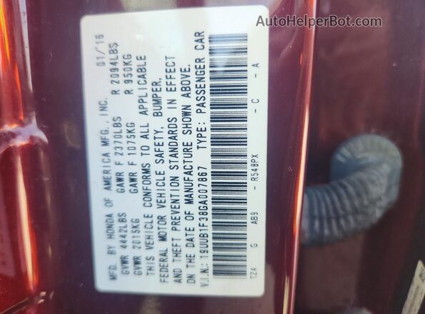 19UUB1F38GA007867 2016 ACURA TLX Burgundy VIN sticker view