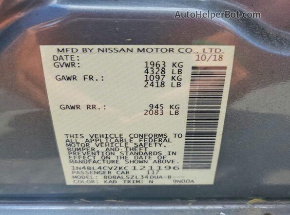 1N4BL4CV2KC121196 2019 NISSAN ALTIMA Gray Widok naklejki z numerem VIN