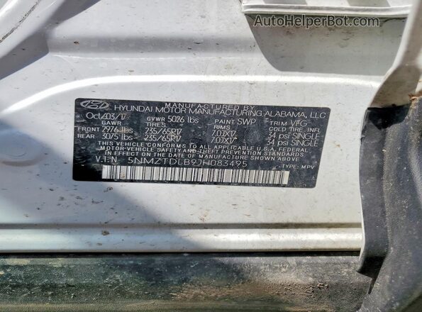5NMZTDLB9JH083495 2018 HYUNDAI SANTA White 