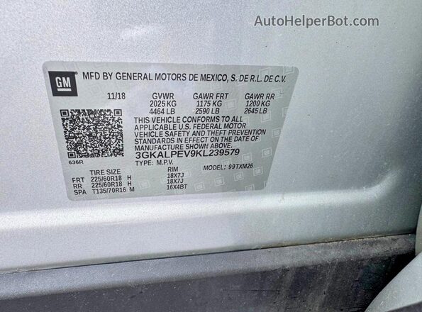 3GKALPEV9KL239579 2019 GMC TERRAIN Silver VIN sticker view