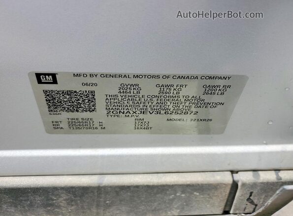 2GNAXJEV3L6252872 2020 CHEVROLET EQUINOX Silver Vista de la etiqueta del VIN