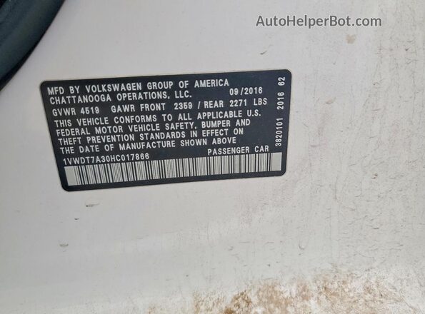 1VWDT7A30HC017866 2017 VOLKSWAGEN PASSAT White VIN կոդի պիտակի տեսք