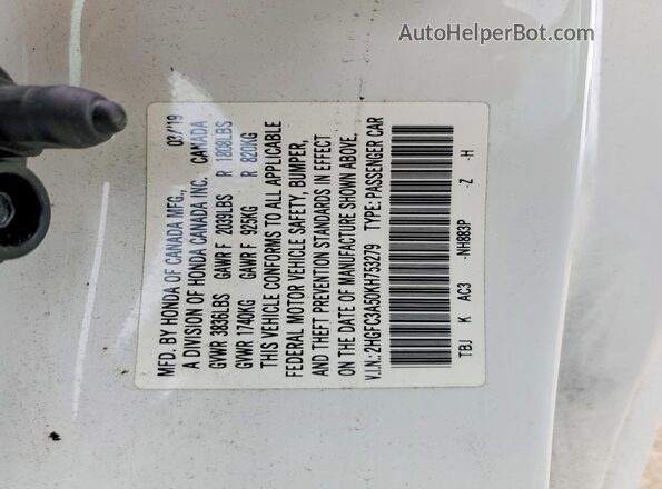 2HGFC3A50KH753279 2019 HONDA CIVIC White VIN კოდის სტიკერის ხედი