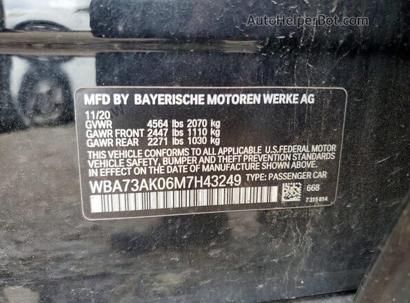 WBA73AK06M7H43249 2021 BMW OTHER Black VIN sticker view
