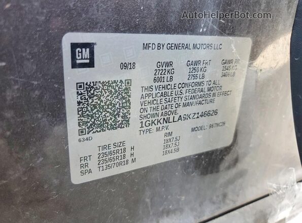 1GKKNLLA9KZ146626 2019 GMC ACADIA Brown Widok wnętrza 360 stopni