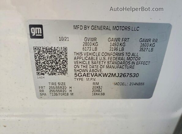 5GAEVAKW2MJ267530 2021 BUICK ENCLAVE White Widok wnętrza 360 stopni