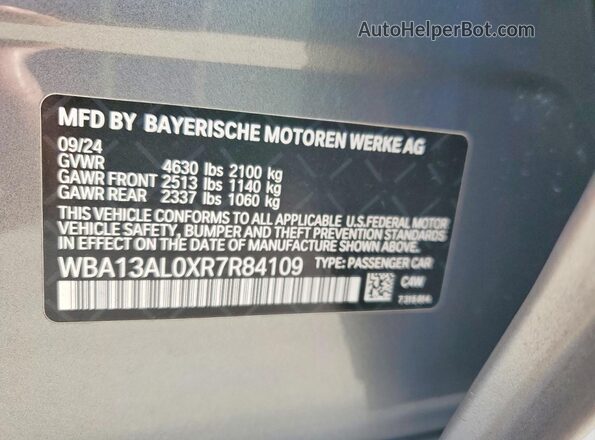 WBA13AL0XR7R84109 2024 BMW M2 Gray VIN კოდის სტიკერის ხედი