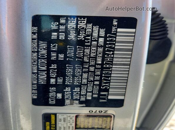 5XYZT3LB7HG473137 2017 HYUNDAI SANTA Silver VIN կոդի պիտակի տեսք