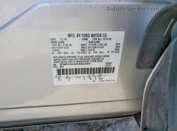 2FMPK3K92KBB42465 2019 FORD EDGE Серебряный Панорамный вид салона 360°