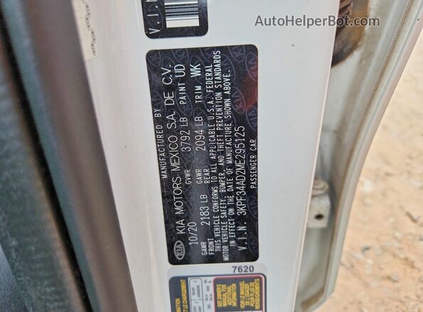 3KPF34AD2ME295125 2021 KIA FORTE White Vista de la etiqueta del VIN