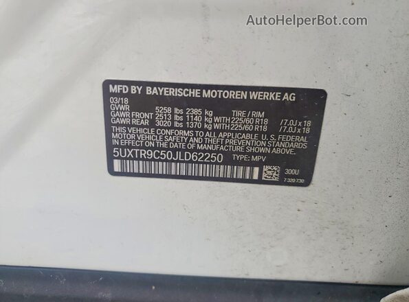 5UXTR9C50JLD62250 2018 BMW X3 White VIN sticker view