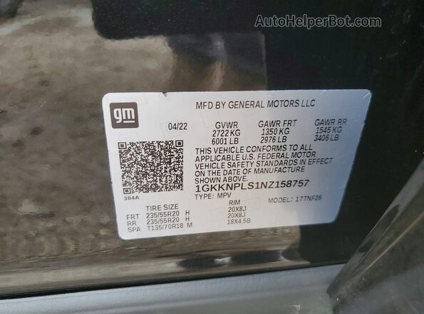 1GKKNPLS1NZ158757 2022 GMC ACADIA Черный Панорамный вид салона 360°