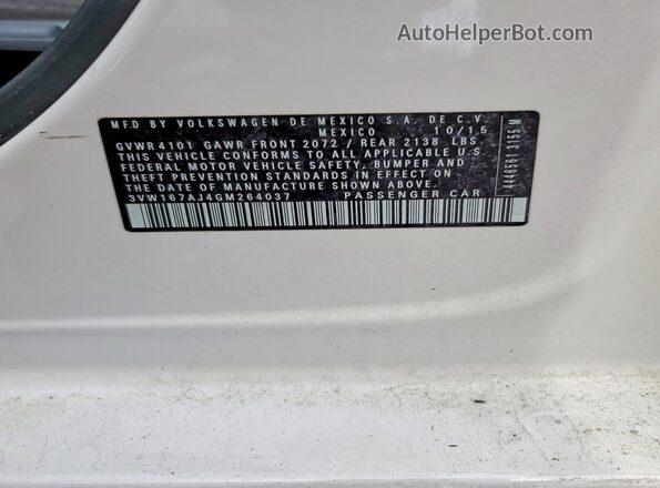 3VW167AJ4GM264037 2016 VOLKSWAGEN JETTA White VIN sticker view