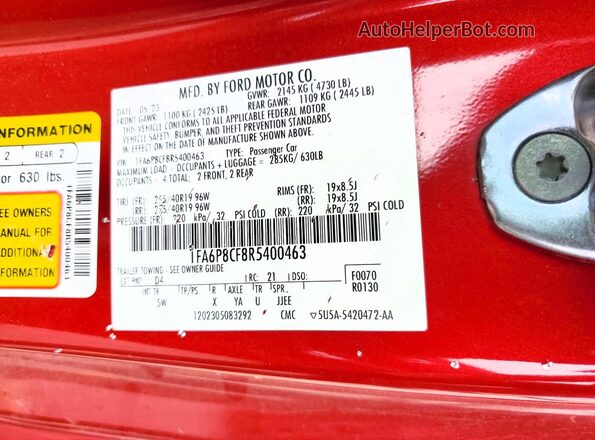 1FA6P8CF8R5400463 2024 FORD MUSTANG Red Widok naklejki z numerem VIN