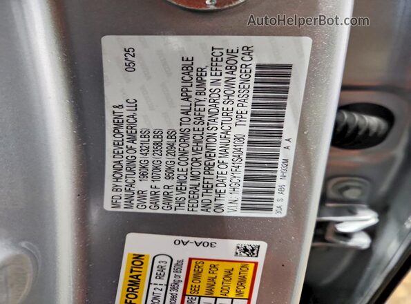 1HGCY1F41SA041080 2025 HONDA ACCORD Silver Vista de la etiqueta del VIN