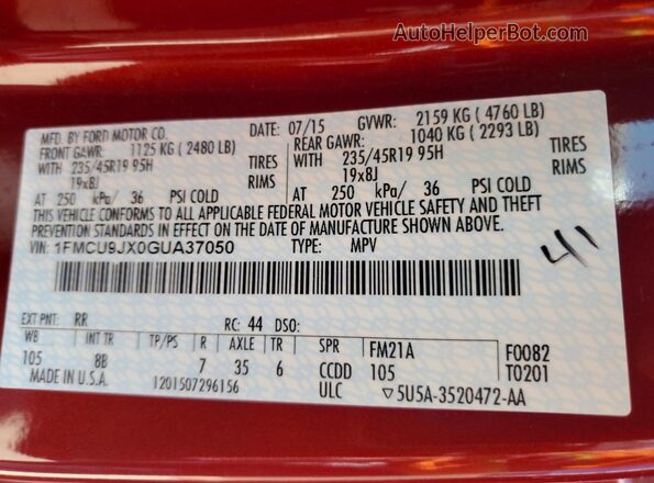 1FMCU9JX0GUA37050 2016 FORD ESCAPE Red Սալոնի 360 աստիճան տեսք