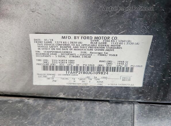 1FAHP2F80JG109824 2018 FORD TAURUS Угольный Вид наклейки с VIN-кодом