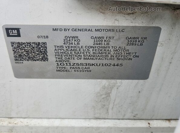 1G11Z5S35KU102445 2019 CHEVROLET IMPALA Белый Вид наклейки с VIN-кодом