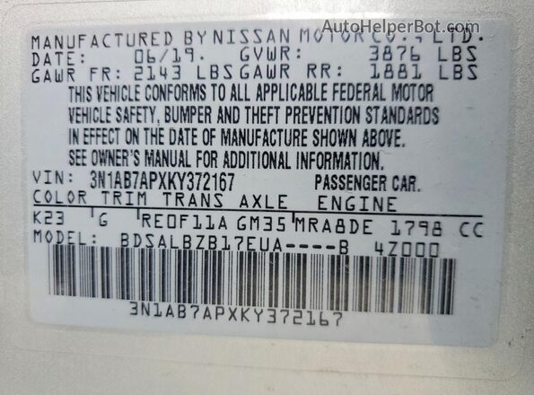 3N1AB7APXKY372167 2019 NISSAN SENTRA Silver Widok naklejki z numerem VIN