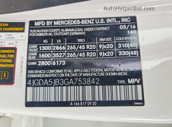 4JGDA5JB3GA753842 2016 MERCEDES-BENZ GLE White Панорамний вид салону 360°