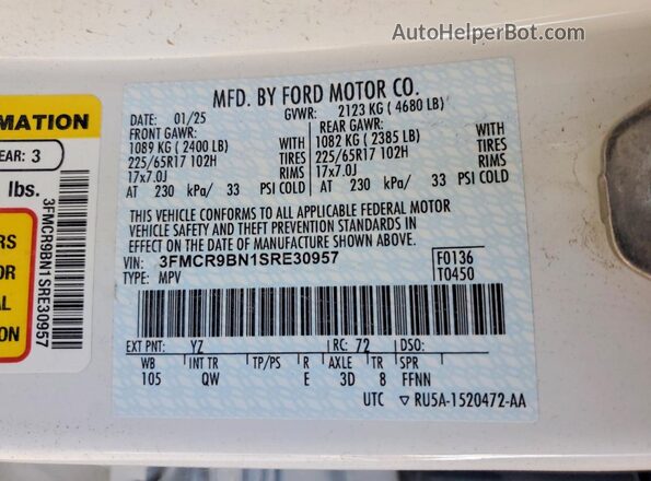 3FMCR9BN1SRE30957 2025 FORD BRONCO White VIN კოდის სტიკერის ხედი