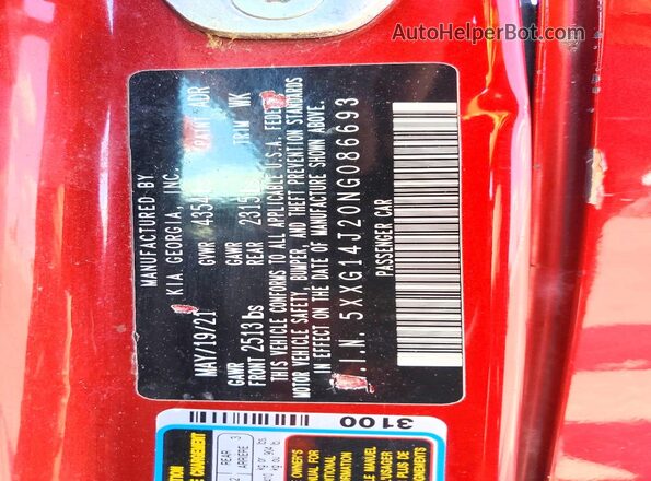 5XXG14J20NG086693 2022 KIA K5 Red 