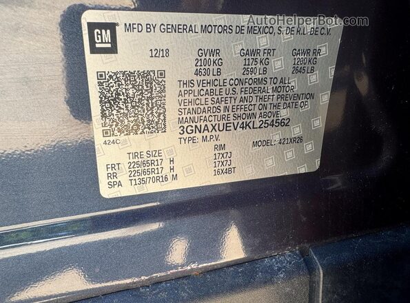 3GNAXUEV4KL254562 2019 CHEVROLET EQUINOX Blue Вид задньої частини салону