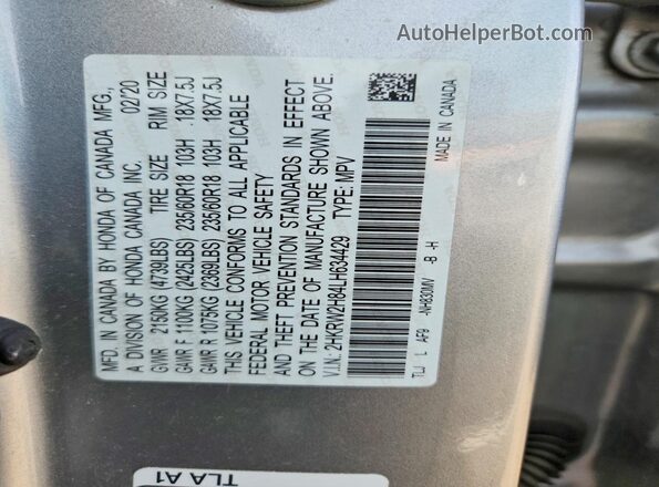 2HKRW2H84LH634429 2020 HONDA CR-V Silver Vista de la etiqueta del VIN