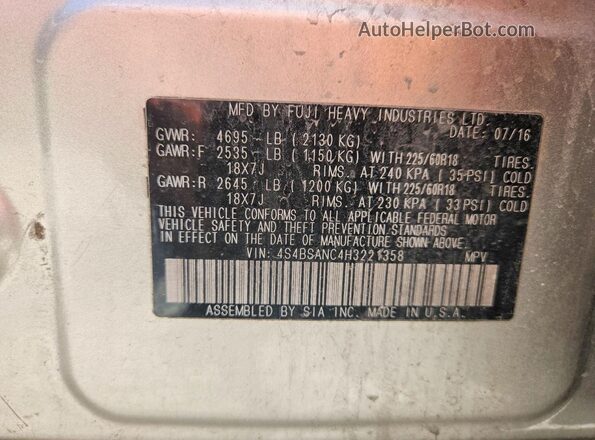4S4BSANC4H3221358 2017 SUBARU OUTBACK Silver Панорамний вид салону 360°