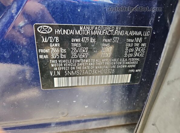 5NMS23AD3KH012328 2019 HYUNDAI SANTA Blue 360 interior view