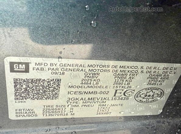 3GKALMEV1KL163435 2019 GMC TERRAIN Charcoal Widok wnętrza z tyłu