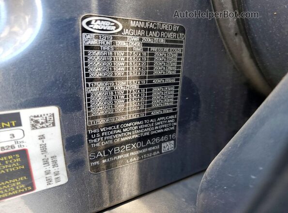 SALYB2EX0LA264616 2020 LAND ROVER RANGE Blue 