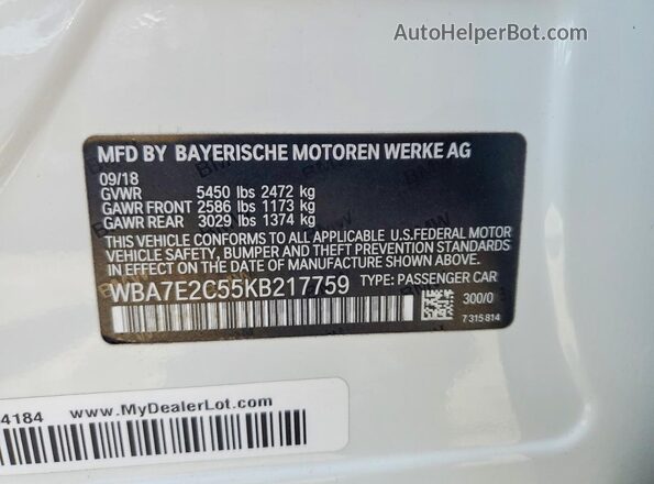 WBA7E2C55KB217759 2019 BMW OTHER White VIN კოდის სტიკერის ხედი