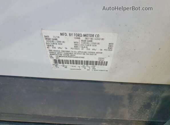 1FM5K8AR8KGA62392 2019 FORD EXPLORER White VIN sticker view