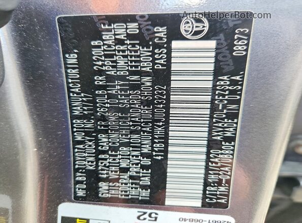 4T1B11HK4JU043232 2018 TOYOTA CAMRY Gray Widok naklejki z numerem VIN