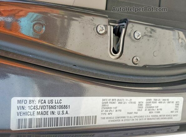1C4SJVDT6NS106861 2022 JEEP WAGONEER Gray 