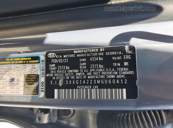 5XXG14J23MG060412 2021 KIA K5 Gray 