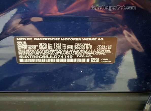5UXTR9C55JLD74149 2018 BMW X3 Blue 