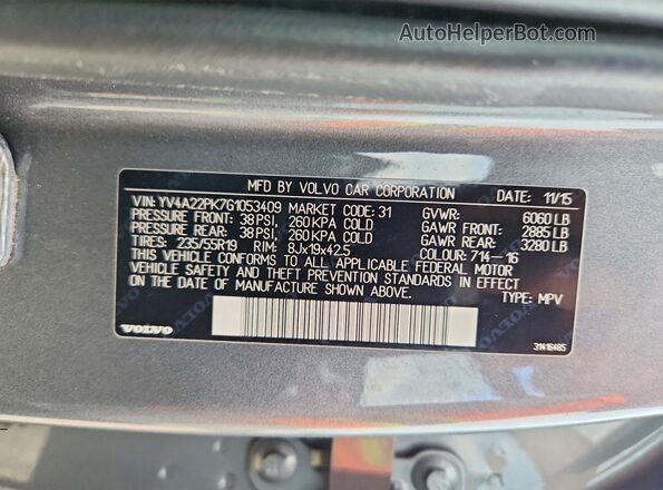 YV4A22PK7G1053409 2016 VOLVO XC90 Серый Вид наклейки с VIN-кодом