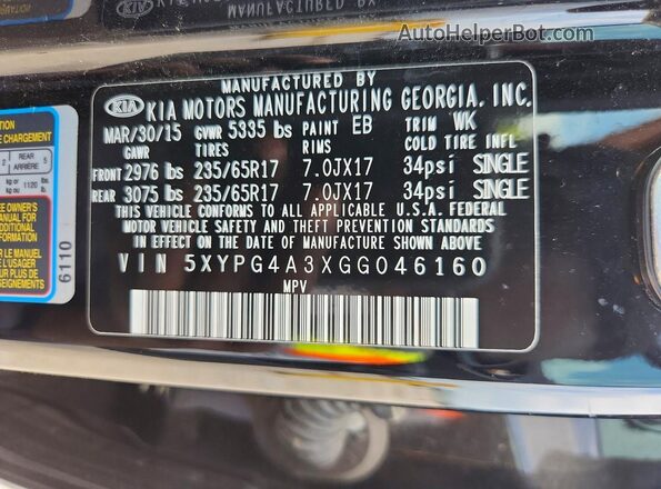 5XYPG4A3XGG046160 2016 KIA SORENTO Black 