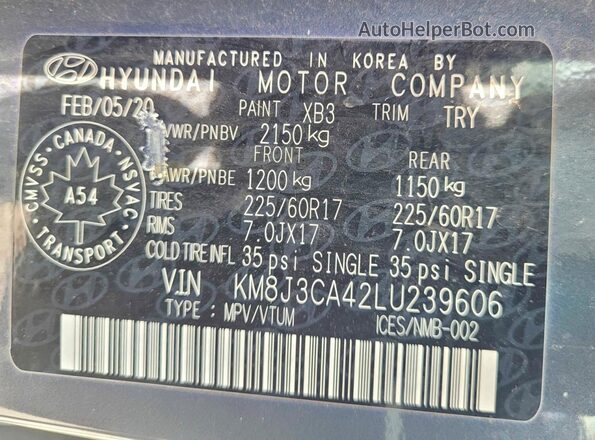 KM8J3CA42LU239606 2020 HYUNDAI TUCSON Charcoal Vista interior trasera
