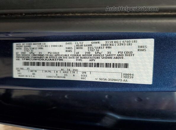 1FMCU9HD9JUA93796 2018 FORD ESCAPE Blue სალონის 360-გრადუსიანი ხედი