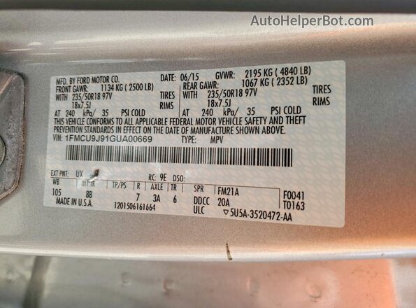 1FMCU9J91GUA00669 2016 FORD ESCAPE Silver Սալոնի 360 աստիճան տեսք