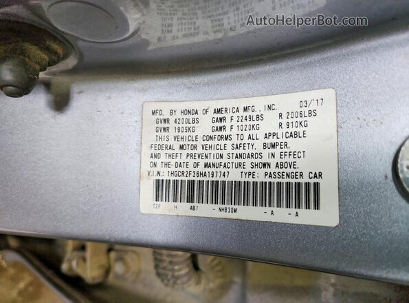 1HGCR2F36HA197747 2017 HONDA ACCORD Silver Vista de la etiqueta del VIN