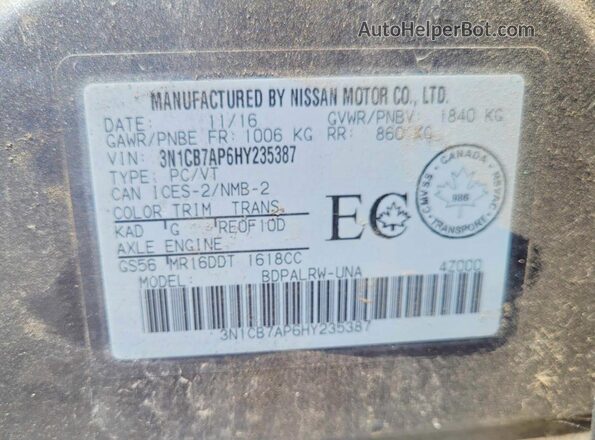 3N1CB7AP6HY235387 2017 NISSAN SENTRA Charcoal 