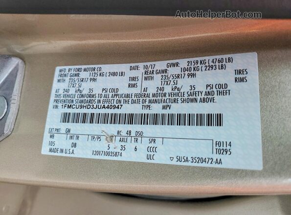 1FMCU9HD3JUA40947 2018 FORD ESCAPE Gold Widok wnętrza 360 stopni