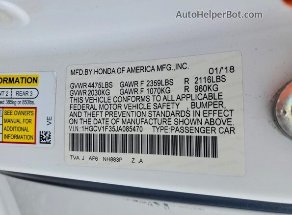 1HGCV1F35JA085470 2018 HONDA ACCORD White 