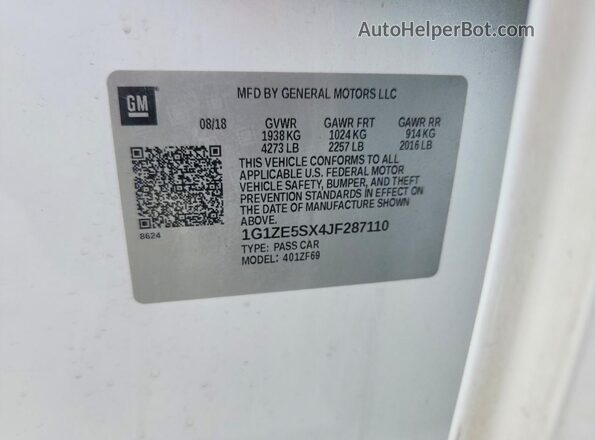 1G1ZE5SX4JF287110 2018 CHEVROLET MALIBU White VIN კოდის სტიკერის ხედი